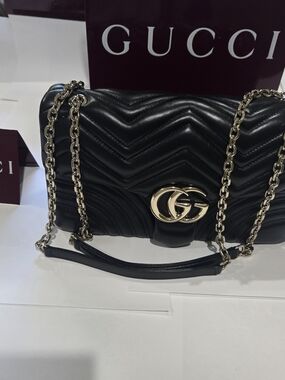 Gucci Marmont Black Leather Shoulder Bag with Gold Hardware